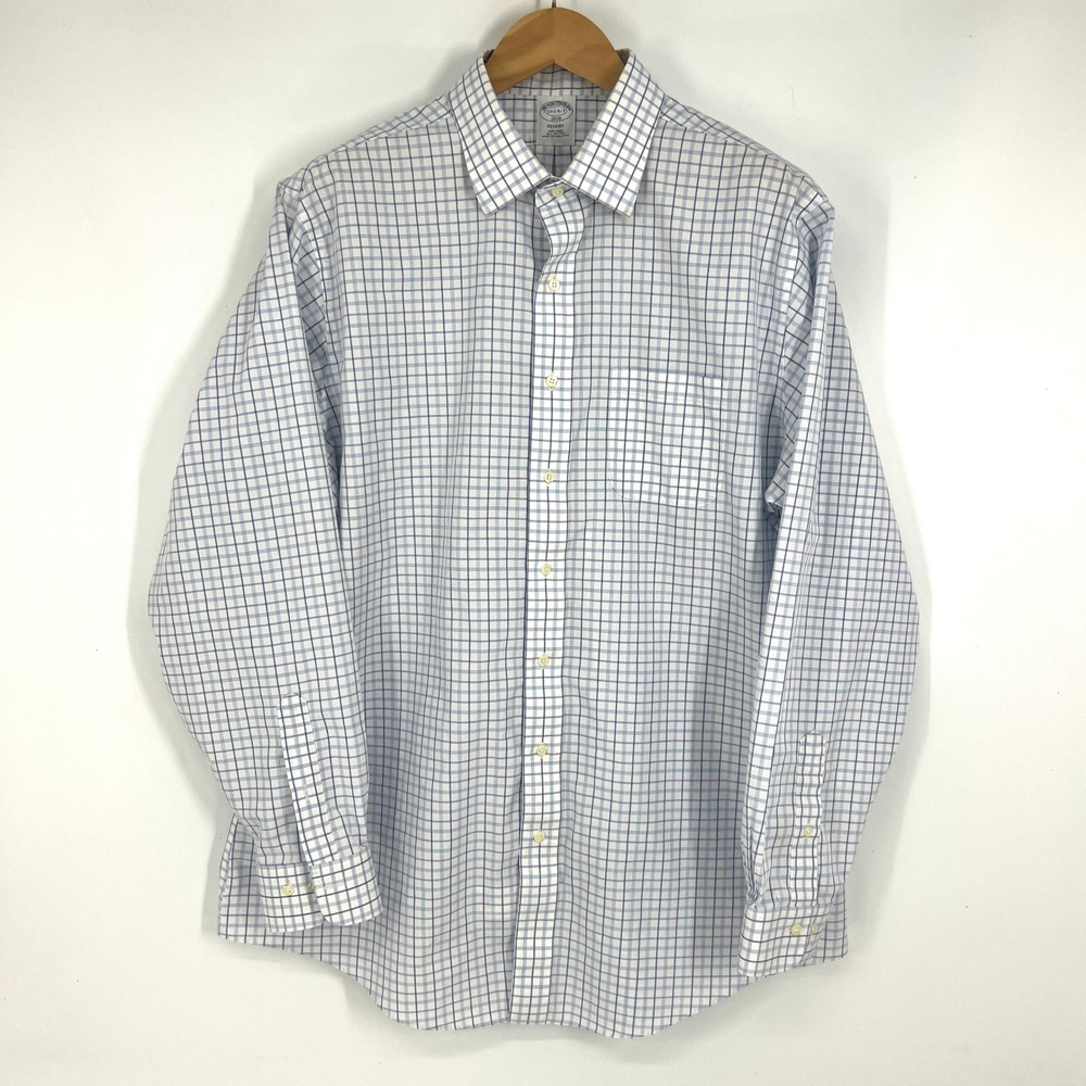 Brooks Brothers Regent‎ Non Iron Plaid Dress Shirt Men 17 1/2 34/35 Blue White
